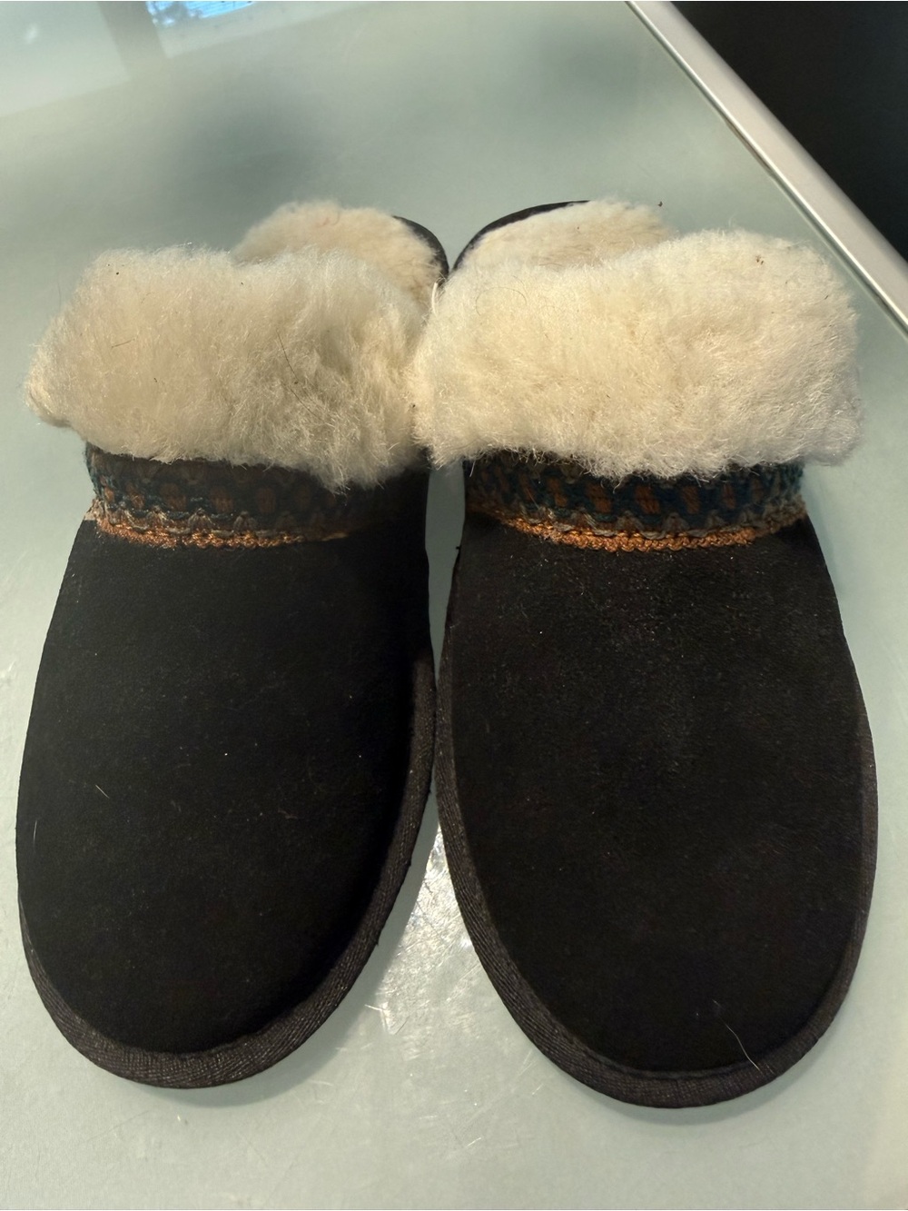 Muk Luks Black Suede-Look Slip Mules with Cream Shearling Cuff